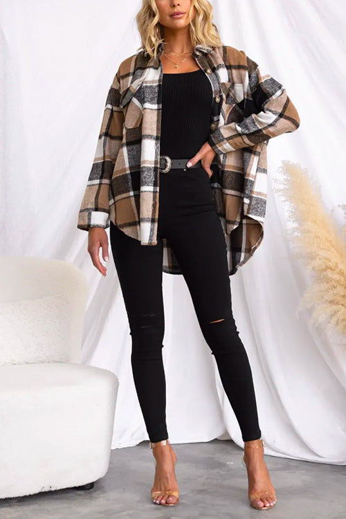 Mixiedress Lapel Button Down Pockets Plaid Shacket Coat