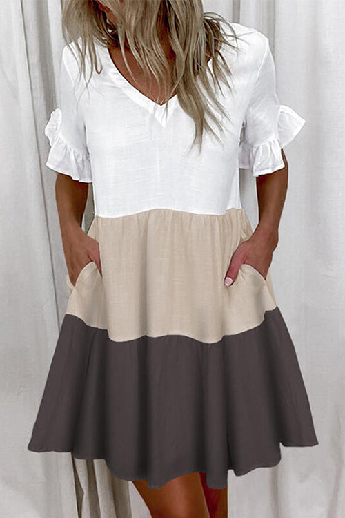 Mixiedress V Neck Ruffle Sleeves Color Block Mini Dress