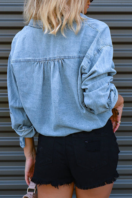 Mixiedress Long Sleeves Drawstring Hem Cropped Denim Shirt