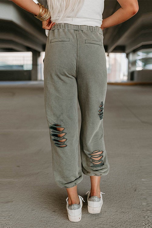 Mixiedress Casual Tie Waist Ripped Cut Out Joggers