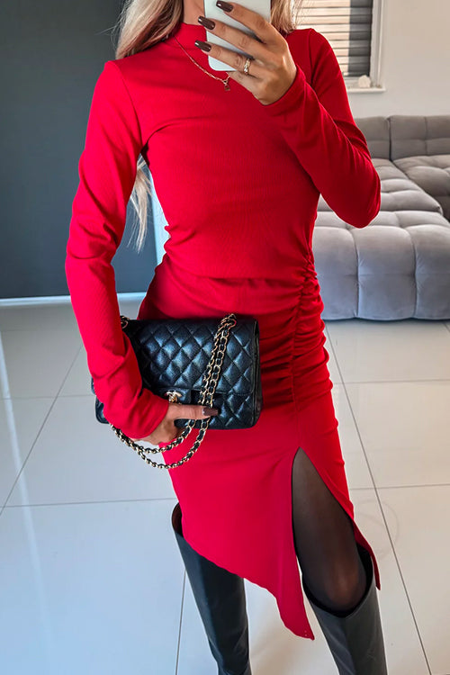 Mockneck Long Sleeves Side Ruched Slit Midi Dress