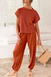 Mixiedress Short Sleeves Ribbed Knit Pullover Ruched Harem Pants Set