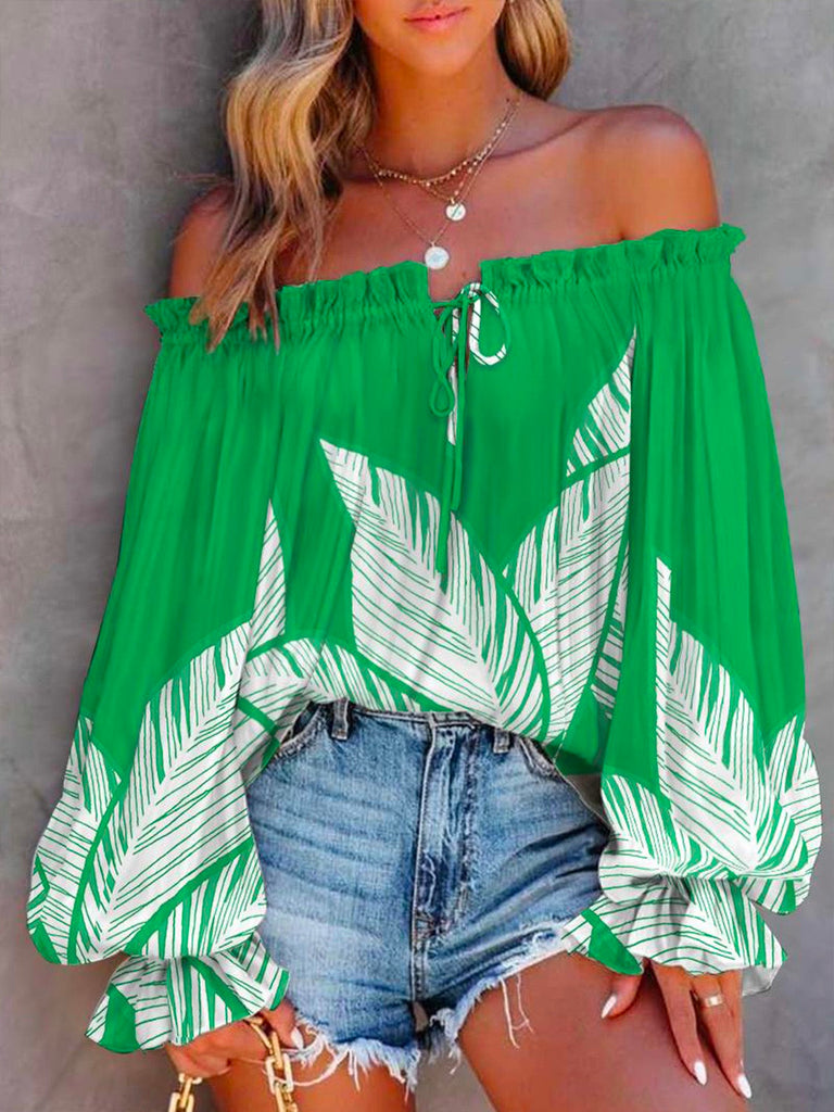 Mixiedress Off Shoulder Long Sleeve Printed Pullover Top