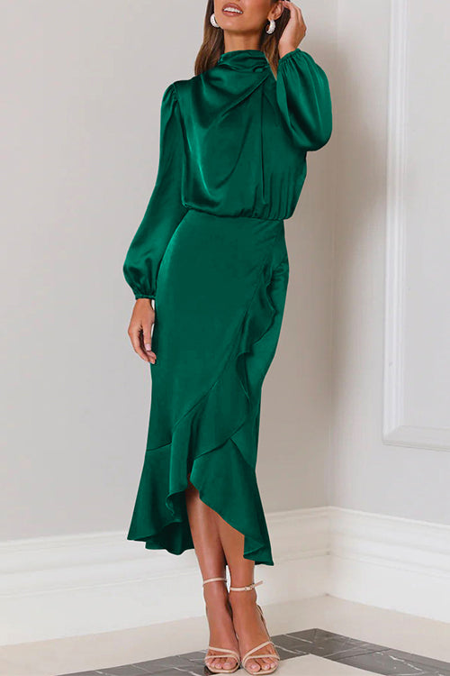 Mixiedress Mockneck Long Sleeves Waisted Ruffle Mermaid Satin Dress