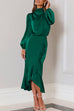 Mixiedress Mockneck Long Sleeves Waisted Ruffle Mermaid Satin Dress
