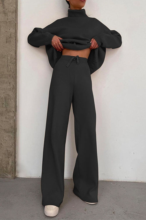 Mixiedress Turtleneck Long Sleeves Pullover Drawstring Waist Wide Leg Pants Set