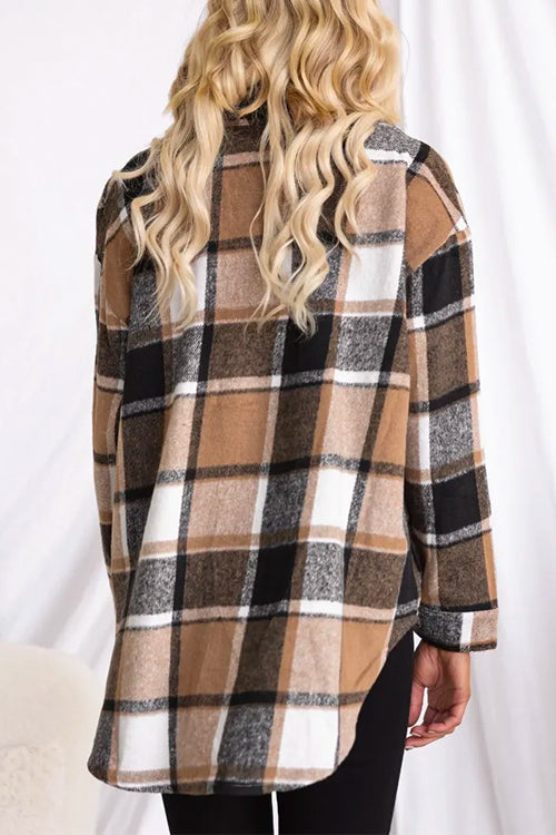 Mixiedress Lapel Button Down Pockets Plaid Shacket Coat