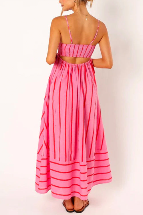 Mixiedress High Waist Back Cut Out Striped Maxi Cami Dress