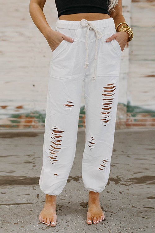 Mixiedress Casual Tie Waist Ripped Cut Out Joggers