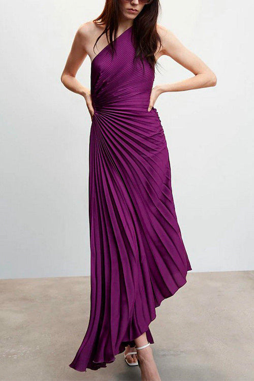 Mixiedress Sleeveless One Shoulder Cut Out Maxi Pleated Party Dress
