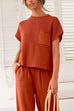 Mixiedress Short Sleeves Ribbed Knit Pullover Ruched Harem Pants Set