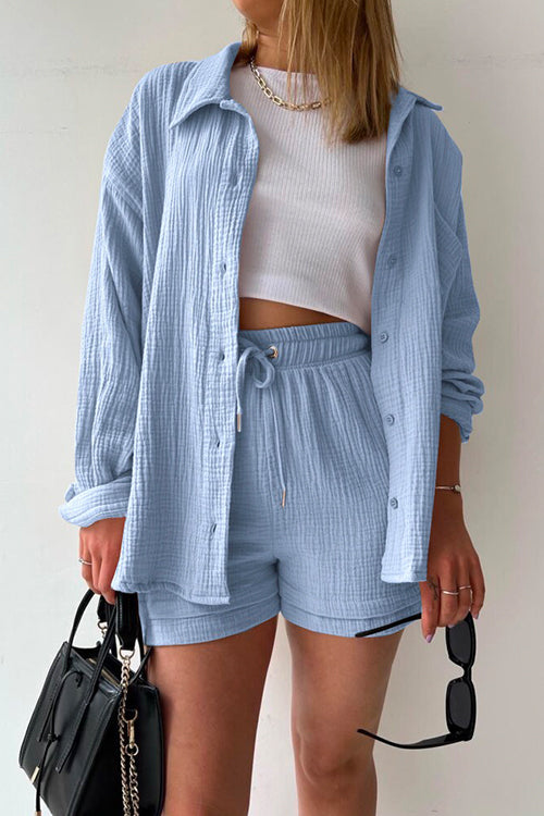 Mixiedress Drop Shoulder Long Sleeves Blouse Shirt Drawstring Waist Shorts Set