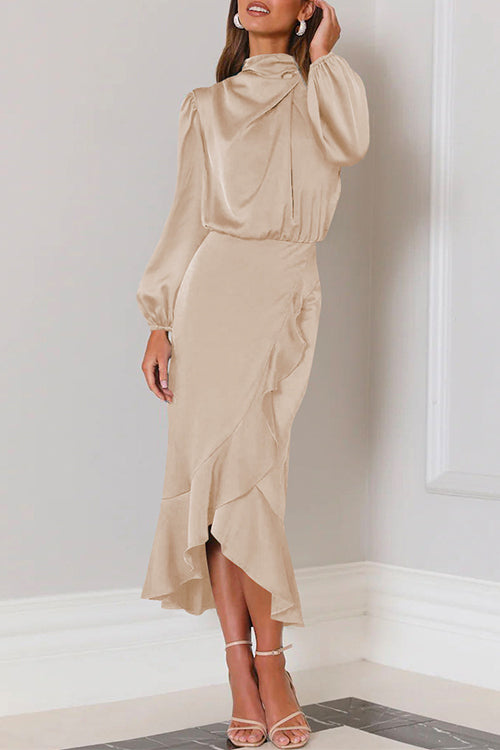 Mixiedress Mockneck Long Sleeves Waisted Ruffle Mermaid Satin Dress