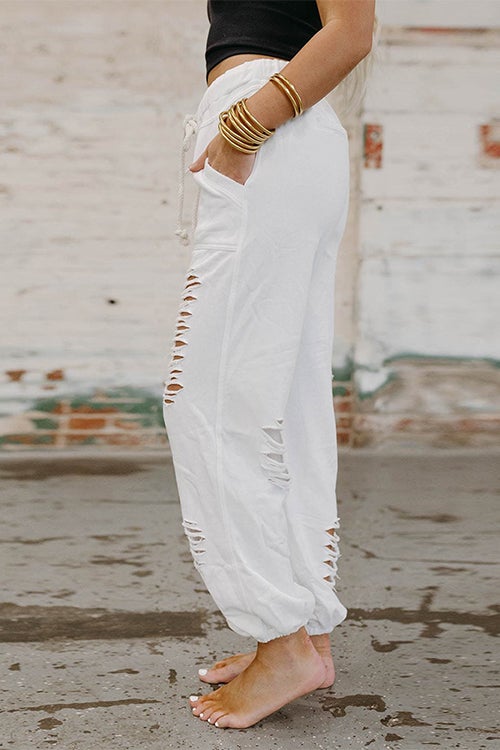 Mixiedress Casual Tie Waist Ripped Cut Out Joggers