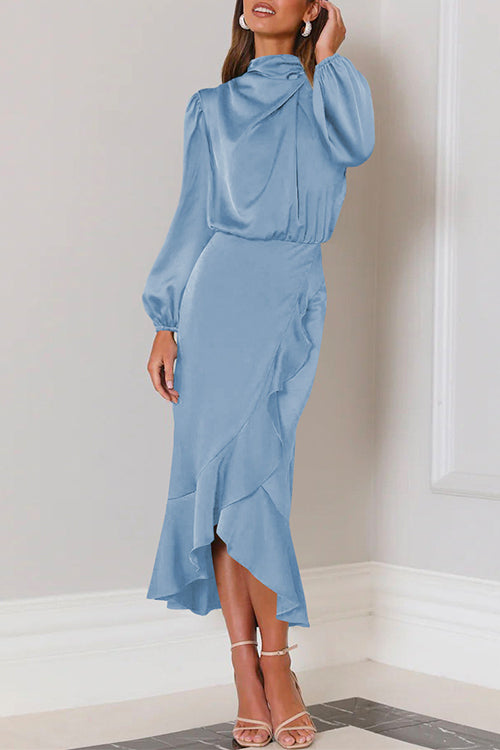 Mixiedress Mockneck Long Sleeves Waisted Ruffle Mermaid Satin Dress