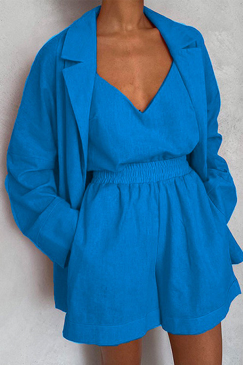 Mixiedress V Neck Cami Top Long Sleeve Blazer Wide Leg Shorts 3 pieces Set