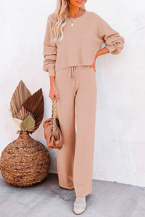Mixiedress Round Neck Pullover Drawstring Waist Wide Leg Pants Loungewear Set