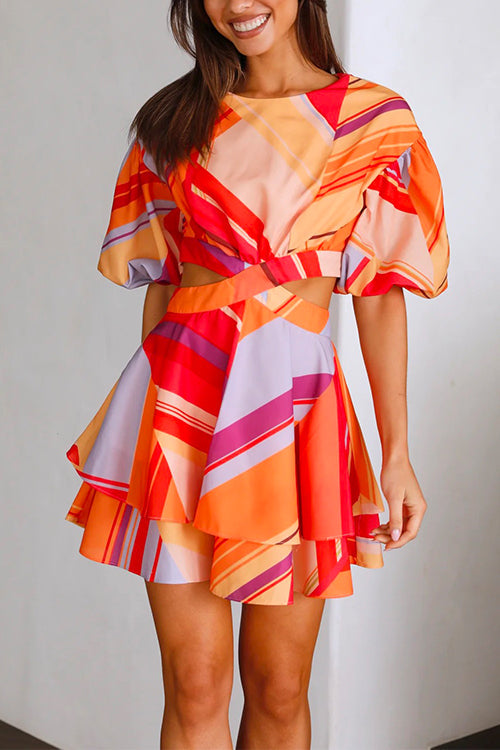 Mixiedress Puff Sleeves Cut Out Waist Printed Ruffle Mini Dress
