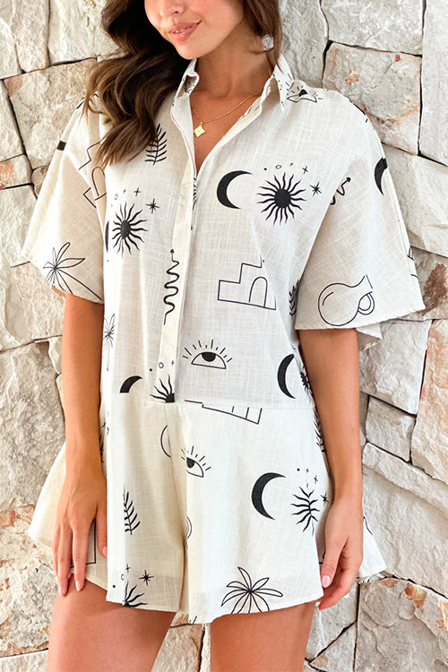 Mixiedress Short Sleeves Button Up Wide Leg Printed Romper