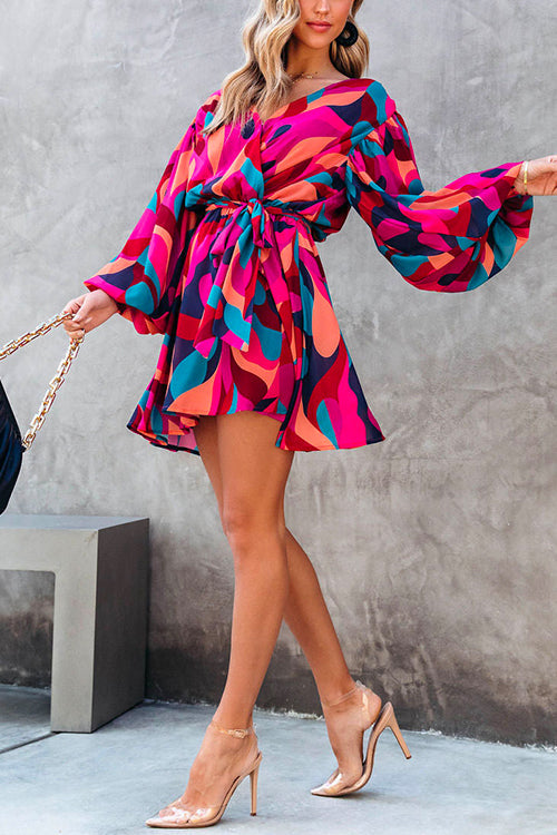 Mixiedress Wrap V Neck Puff Sleeves Tie Waist Printed Mini Dress