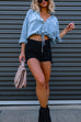 Mixiedress Long Sleeves Drawstring Hem Cropped Denim Shirt