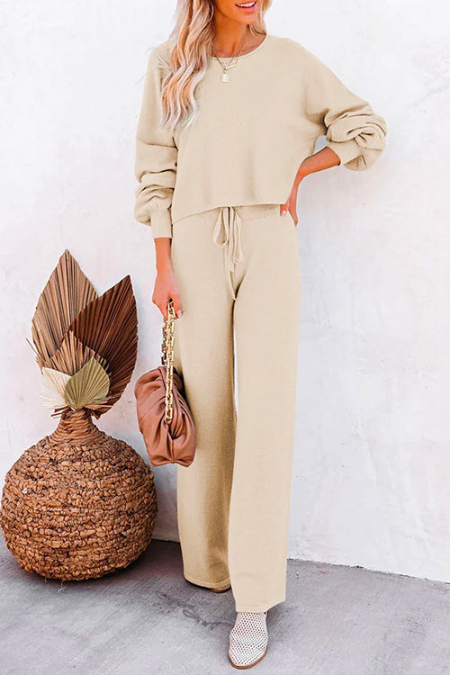 Mixiedress Round Neck Pullover Drawstring Waist Wide Leg Pants Loungewear Set