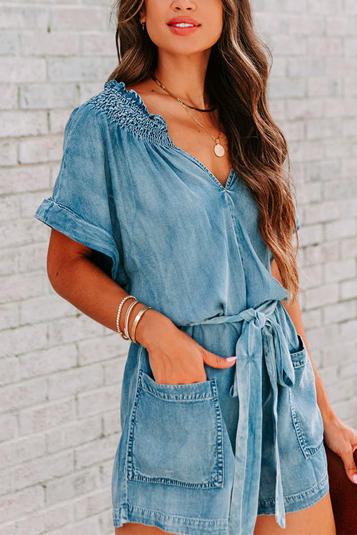 Mixiedress V Neck Short Sleeves Tie Waist Pockets Denim Romper