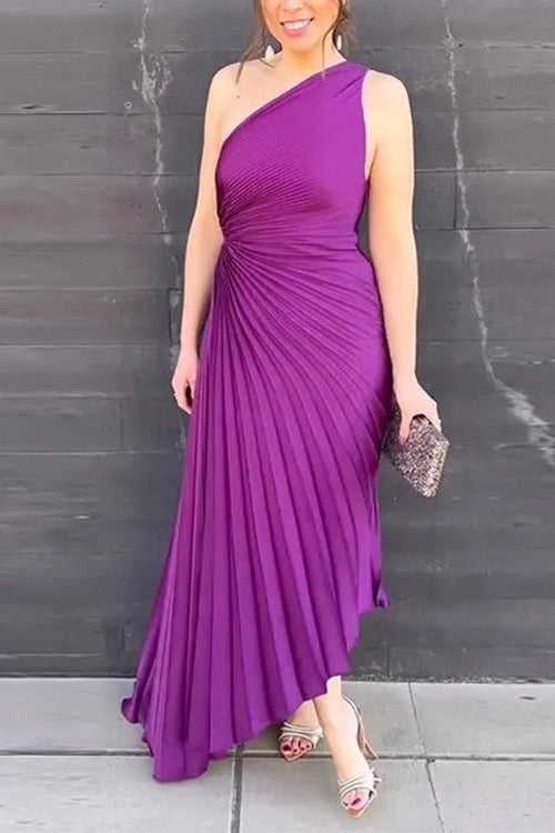 Mixiedress Sleeveless One Shoulder Cut Out Maxi Pleated Party Dress
