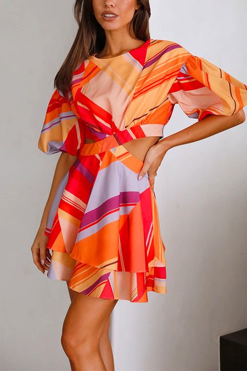 Mixiedress Puff Sleeves Cut Out Waist Printed Ruffle Mini Dress