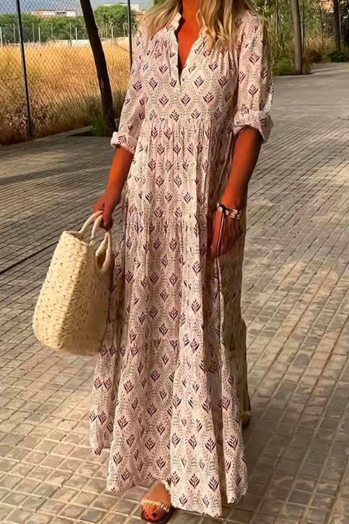 Mixiedress V Neck Long Sleeves Tiered Printed Maxi Dress