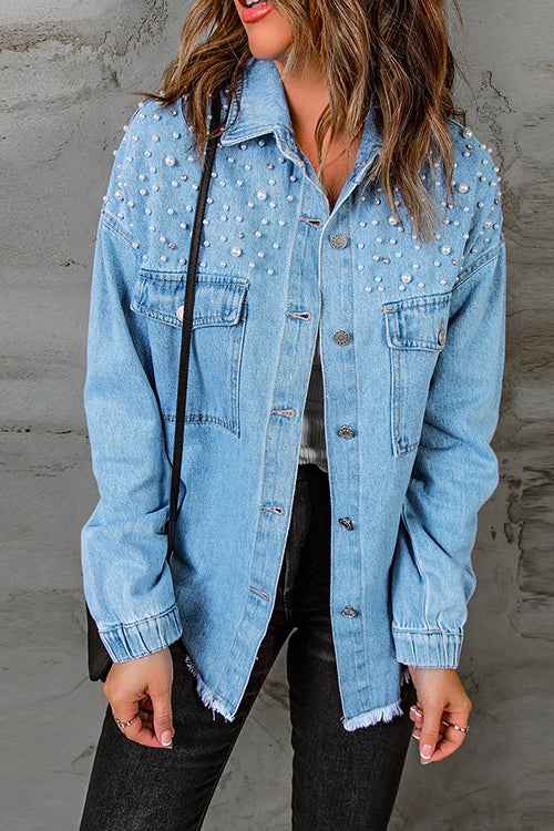 Mixiedress Pearls Beading Raw Hem Distressed Denim Shirt Jacket