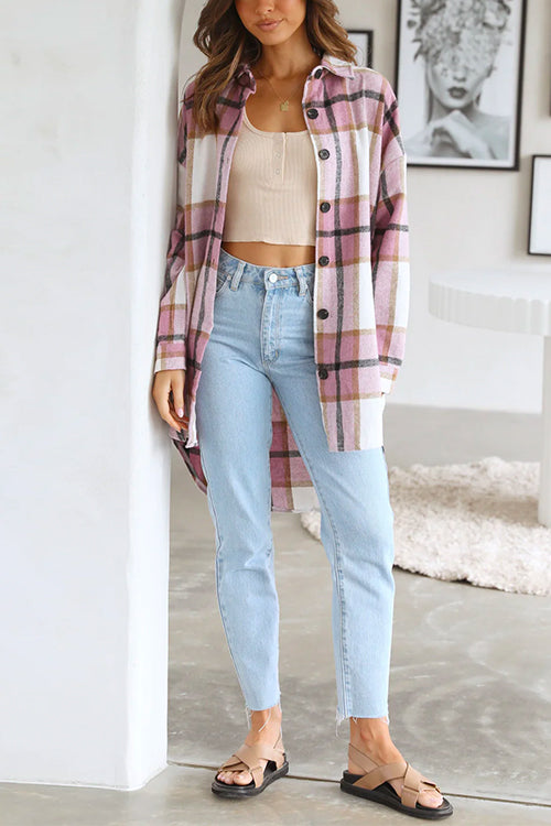 Mixiedress Curve Hem Color Block Plaid Shacket Jacket