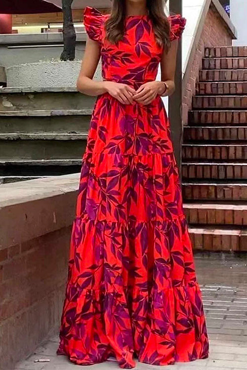 Mixiedress Flounce Sleeves Back Lace Up Printed Tiered Maxi Dress