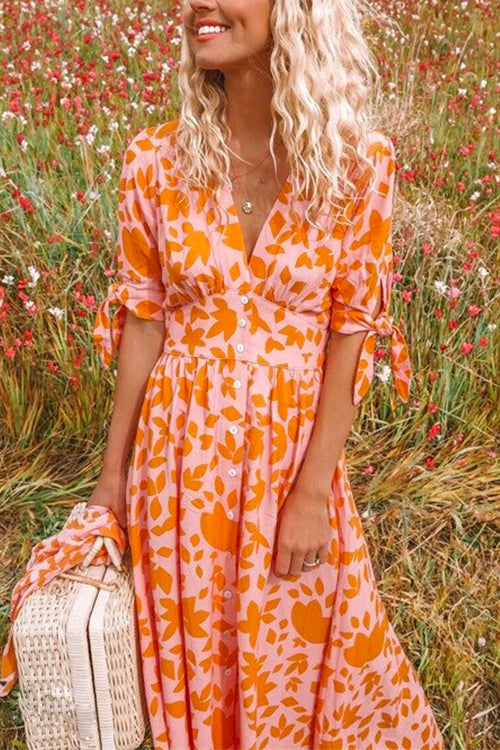 Mixiedress V Neck Knot Cuff Button Down Printed Holiday Dress