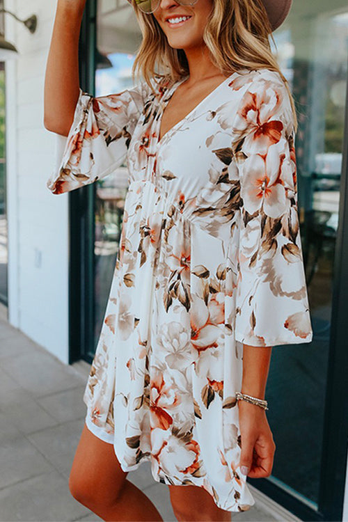 Mixiedress V Neck Bell Sleeves Printed Swing Dress