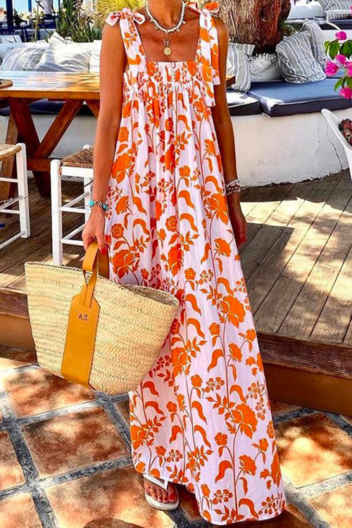 Mixiedress Square Collar Tie Shoulder Printed Maxi Cami Holiday Dress