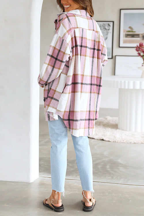 Mixiedress Curve Hem Color Block Plaid Shacket Jacket