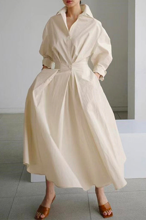 Mixiedress Chic Collared Long Sleeves Waisted Cotton Linen Maxi Shirt Dress