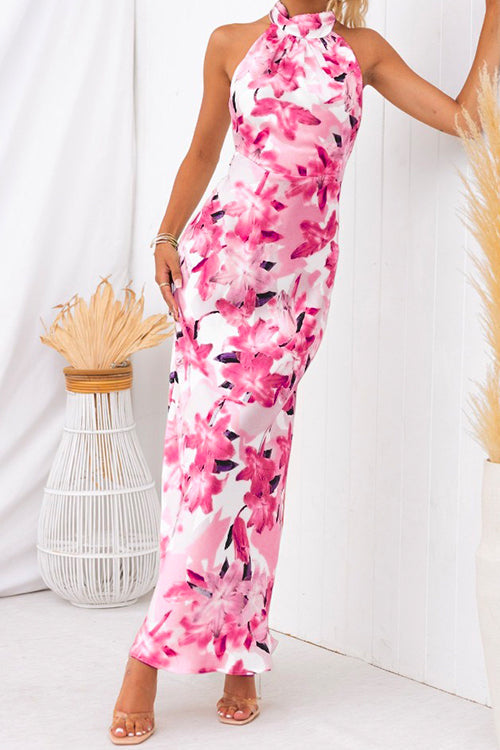 Mixiedress Tie Neck Backless Floral Printed Maxi Flowy Dress