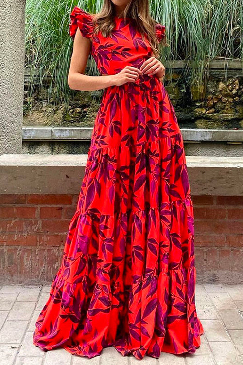 Mixiedress Flounce Sleeves Back Lace Up Printed Tiered Maxi Dress