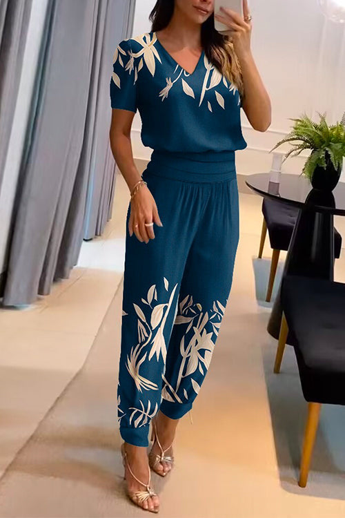 Mixiedress V Neck Short Sleeve Tunic Top High Waist Harem Joggers Printed Set