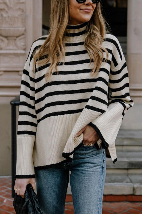 Mixiedress Striped Tuetleneck Side Split Pullover Sweater