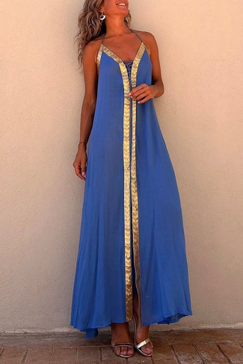 Mixiedress V Neck Backless Sequin Detailed Slit Maxi Cami Dress