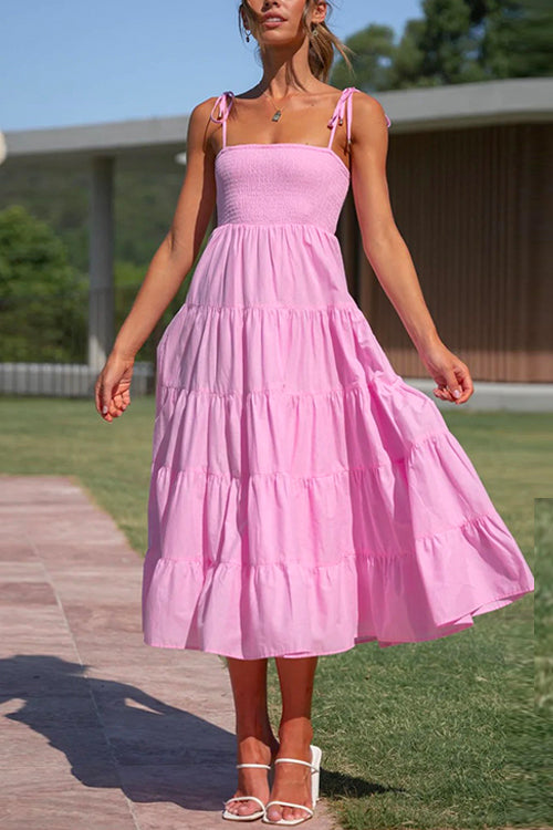 Mixiedress Tie Shoulder Smocked Ruffle Tiered Swing Cami Dress