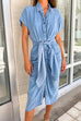 Mixiedress Button Down Short Sleeve Tie Waist Ruched Denim Dress