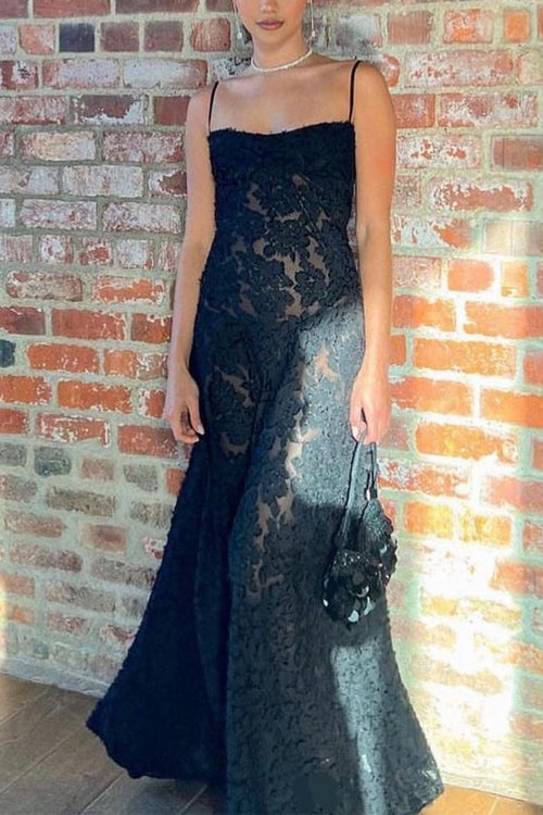 Mixiedress Spaghetti Strap Back Lace-up Applique Flower Maxi Swing Dress