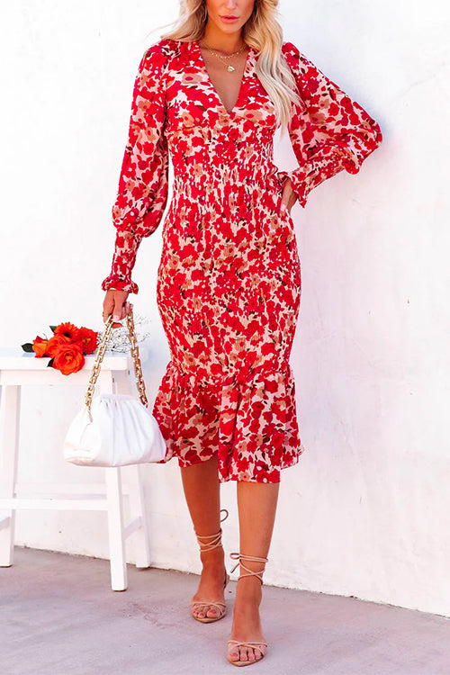 Mixiedress V Neck Long Sleeves Dress Printed Mermaid Midi Dress