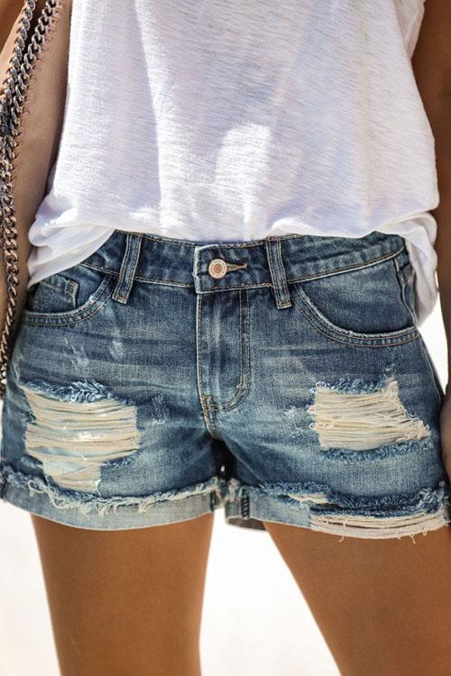 Mixiedress Casual Mid Waist Ripped Shorts