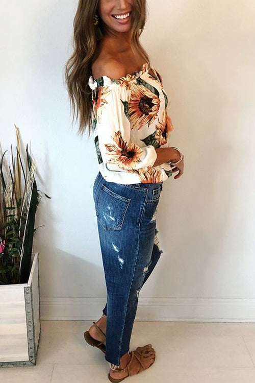 Mixiedress Ruffle V Neck Long Sleeve Printed T-Shirt