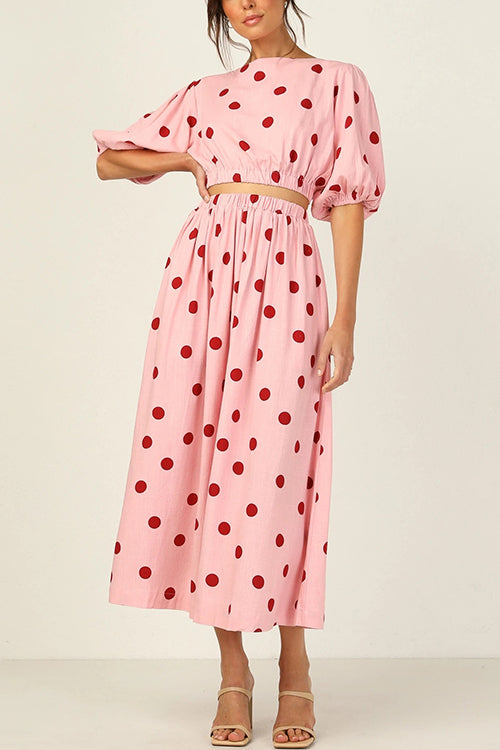 Mixiedress Short Sleeve Crop Top and High Waist Skirt Polka Dot Set